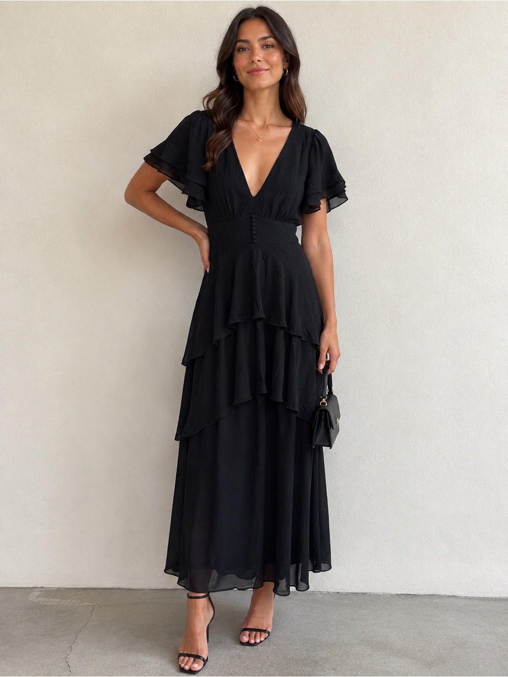 NWT Lulus Midnight Mood Black Tiered Maxi Dress, Size XS